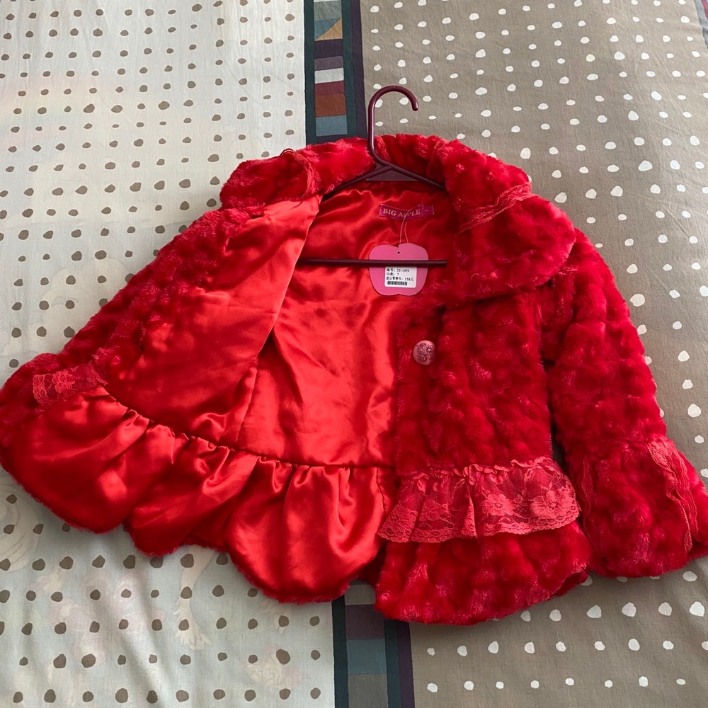 Girl’s red faux fur coat with lace size 7